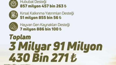 Toplam 3 Milyar 91 Milyon Liralık Destek Üreticilerin Hesaplarına Aktarıldı