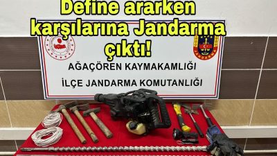 Define ararken suçüstü yakalanan üç kişi gözaltına alındı. Kazı malzemelerine