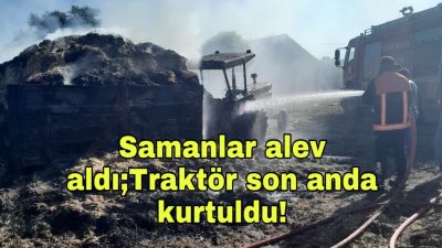 Aksaray Ortaköy’de saman yüklü traktörde çıkan yangın rüzgarla büyüdü. Traktör