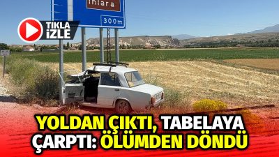 Aksaray-Güzelyurt yolunda direksiyon hakimiyetini kaybeden sürücü tabelaya çarptı, hastaneye kaldırıldı.