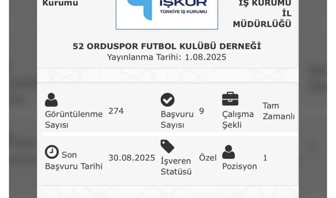 52 Orduspor FK’dan İŞKUR üzerinden futbolcu ilanı!