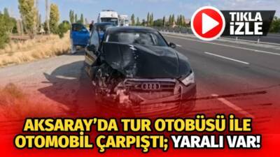 Aksaray-Ankara yolunda otomobil ile tur otobüsü çarpıştı. Kazada otomobil hurdaya