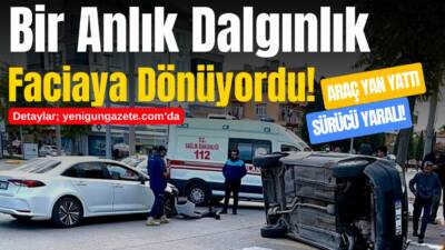 Aksaray’da iki aracın çarpıştığı kazada hafif ticari araç yan yatarak