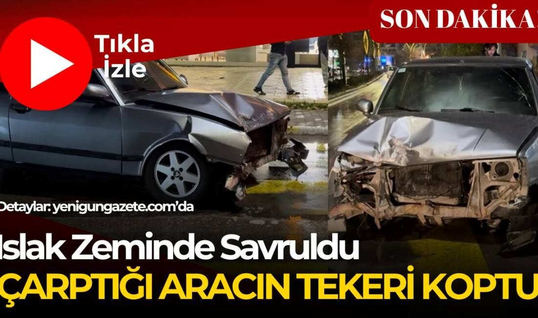 Islak zeminde kontrolden çıkan araç park halindeki araca çarptı. Park