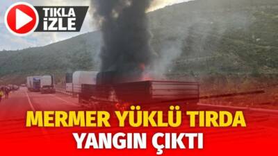 Konya-Antalya D-687 karayolunda yaşanan olayda mermer yüklü tırın dorsesinde yangın
