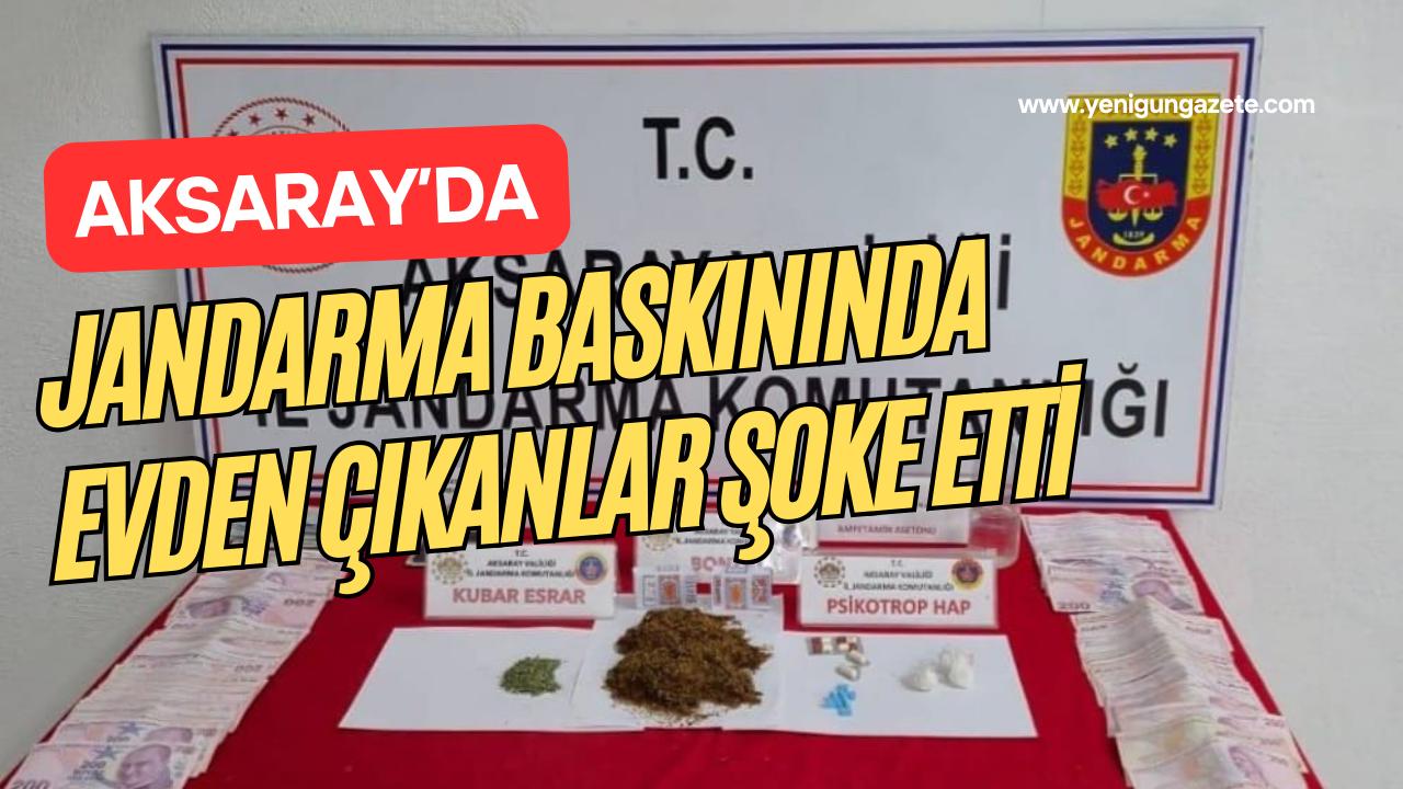 Aksaray’ın Sarıyahşi ilçesinde jandarma ekiplerince düzenlenen uyuşturucu operasyonunda çeşitli türlerde