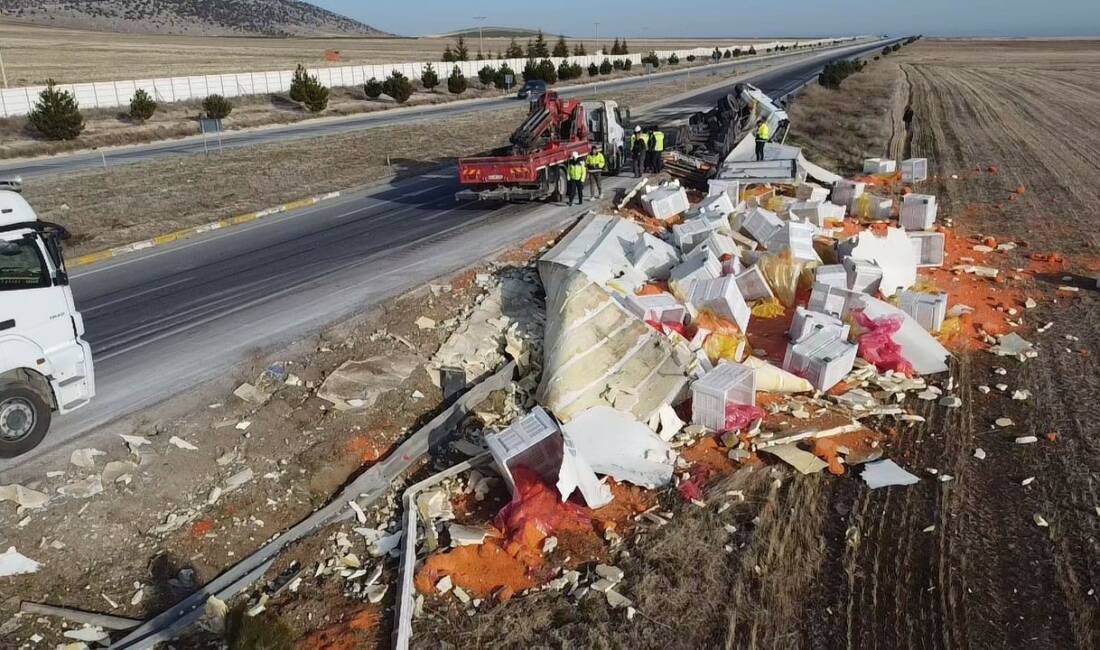 Afyonkarahisar'da kontrolden çıkarak şarampole devrilen havuç yüklü tırda sürücü yaralanırken,