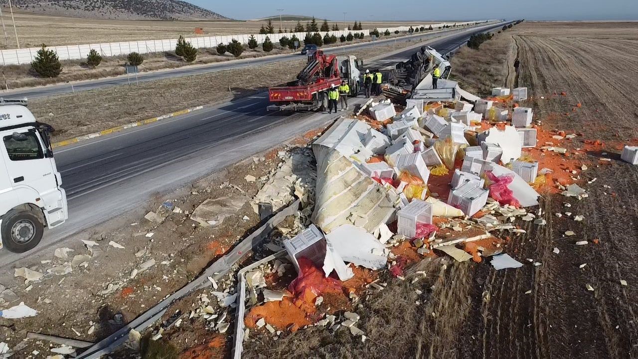 Afyonkarahisar'da kontrolden çıkarak şarampole devrilen havuç yüklü tırda sürücü yaralanırken,