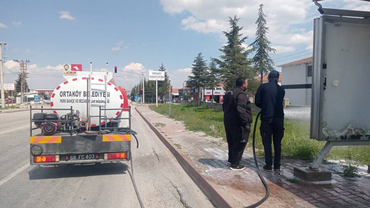 Ortaköy Belediyesi ekipleri, ilçe genelinde ve mezarlık alanlarında yabani otlara
