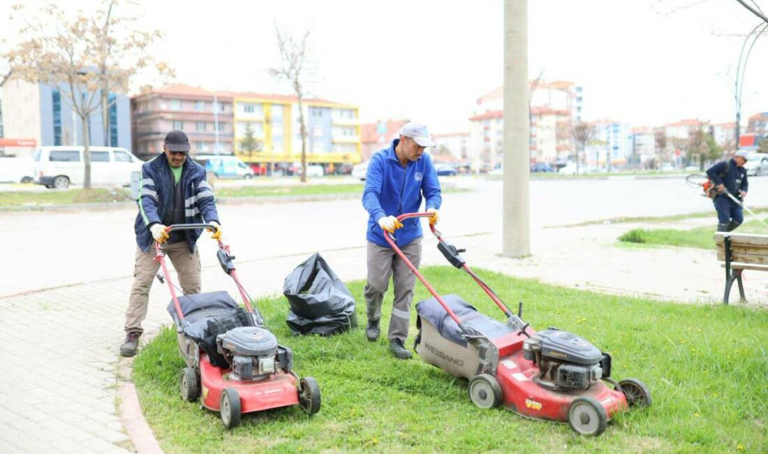 Aksaray Belediyesi, mahalle parklarında çim biçme ve peyzaj çalışmalarıyla hem