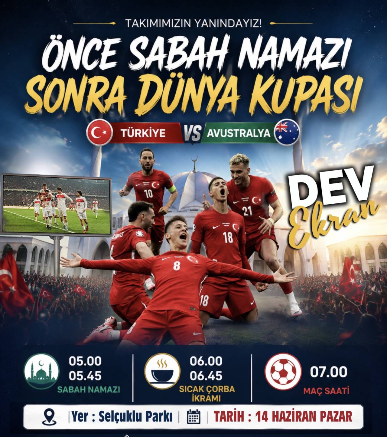 Aksaray Belediyesi, Türkiye–Avustralya maçı öncesi Selçuklu Parkı’nda sabah namazı, çorba