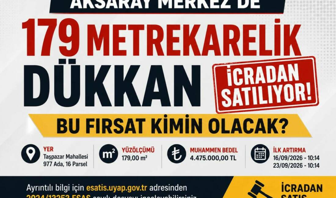 Aksaray Merkez’de 179 Metrekarelik Dükkan İcradan Satılıyor! Bu Fırsat Kimin Olacak? Aksaray Merkez Taşpazar Mahallesi’nde bulunan 179 metrekarelik taşınmaz, 4 milyon