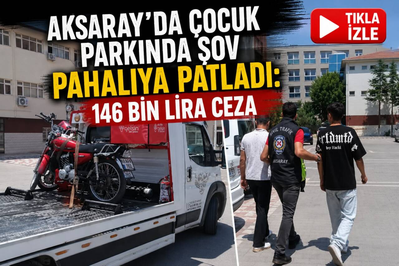 Aksaray’da çocuk oyun alanında motosikletlerle akrobatik hareket yapan iki sürücü